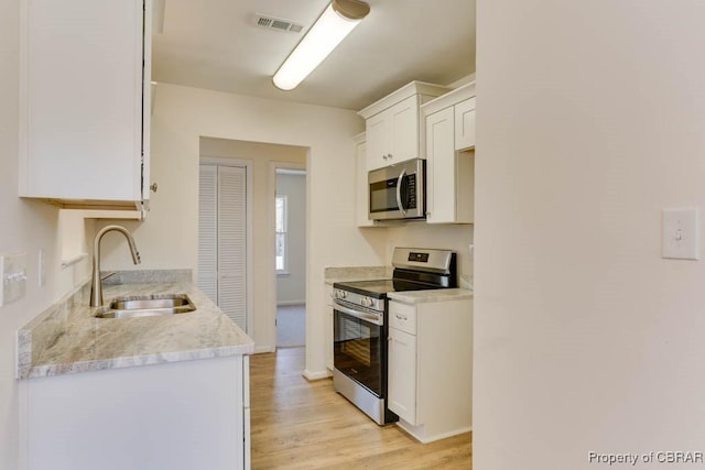 kitchen featuring light wood-type flooring, visible vents, a sink, white cabinetry, and stainless steel appliances