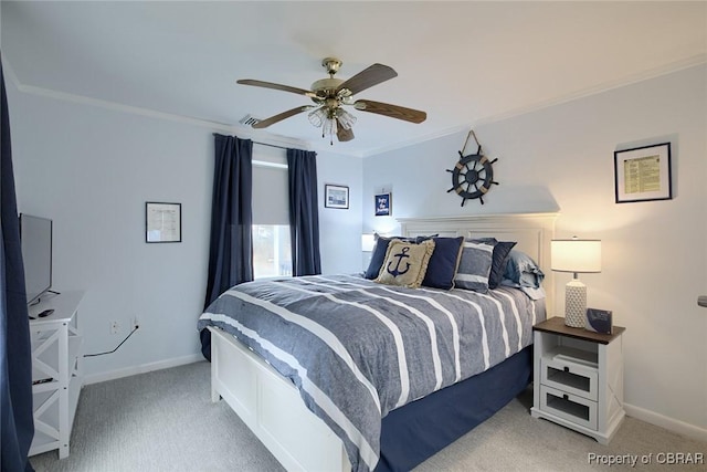 bedroom featuring visible vents, ceiling fan, baseboards, light colored carpet, and ornamental molding