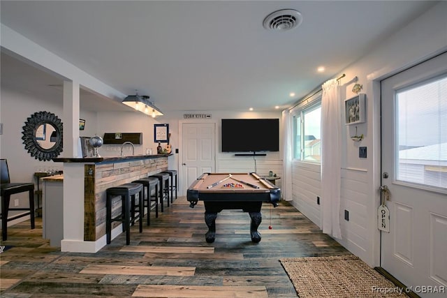 playroom with pool table, recessed lighting, dark wood-style floors, and visible vents