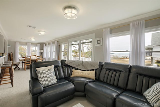 living area featuring crown molding, visible vents, and light carpet