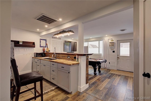 kitchen featuring visible vents, butcher block counters, hardwood / wood-style floors, a peninsula, and a sink