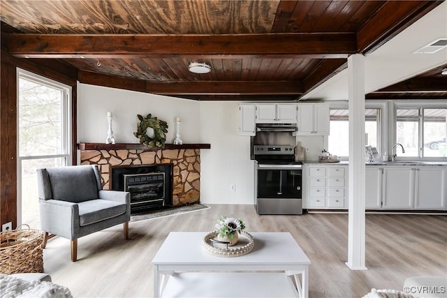 living room with light wood-type flooring, visible vents, beam ceiling, and wooden ceiling