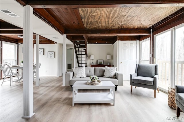 living area featuring visible vents, stairs, beam ceiling, wooden ceiling, and wood finished floors