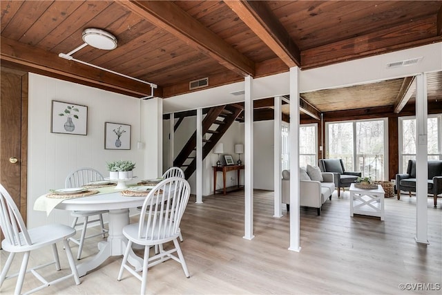 dining area featuring stairs, beam ceiling, and wood ceiling