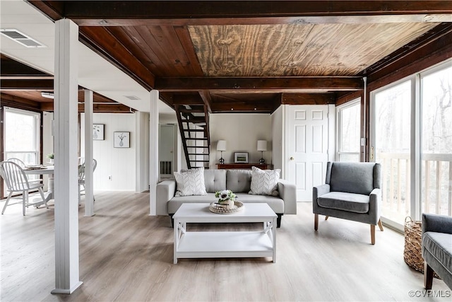 living room featuring beam ceiling, visible vents, wood ceiling, and wood finished floors