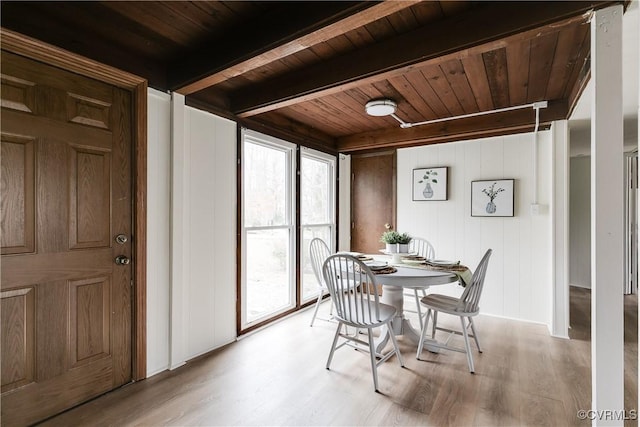 dining area with beamed ceiling, light wood-style floors, and wood ceiling