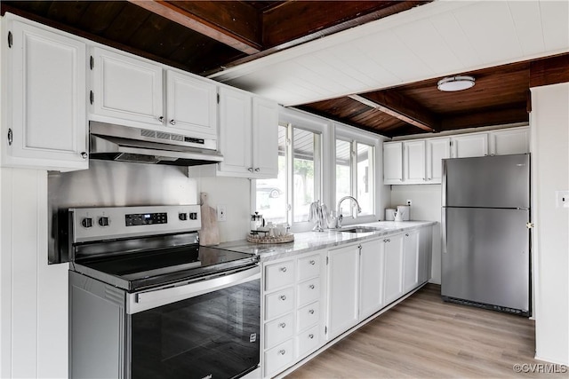 kitchen featuring a sink, white cabinets, under cabinet range hood, appliances with stainless steel finishes, and wooden ceiling