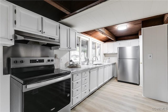 kitchen featuring under cabinet range hood, a sink, appliances with stainless steel finishes, wooden ceiling, and white cabinets