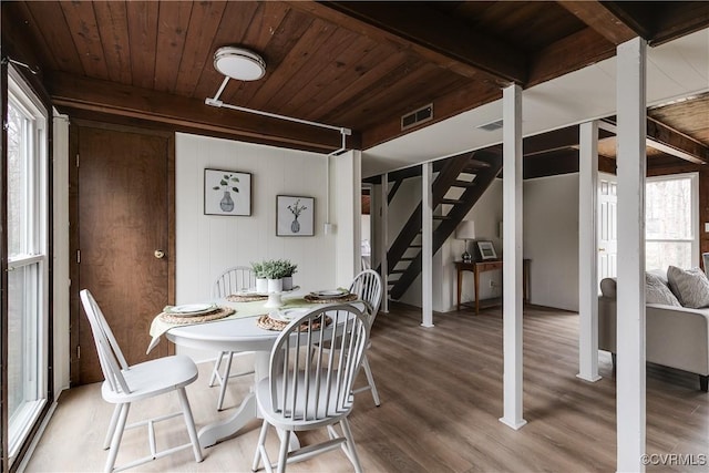 dining room featuring stairway, wood finished floors, visible vents, beam ceiling, and wood ceiling