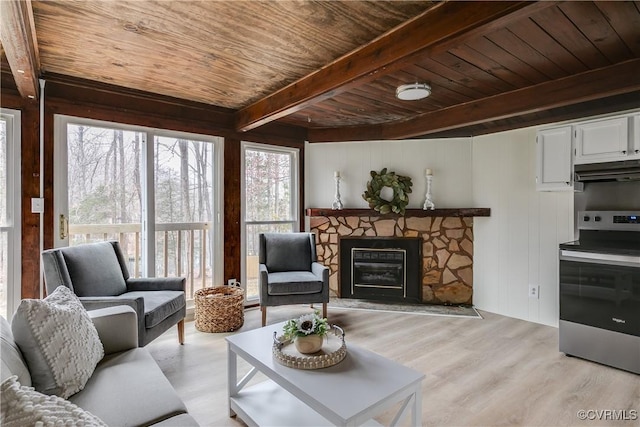 living room featuring light wood finished floors, beamed ceiling, a healthy amount of sunlight, and wooden ceiling