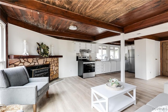 living area featuring a fireplace, beam ceiling, wood ceiling, and light wood finished floors