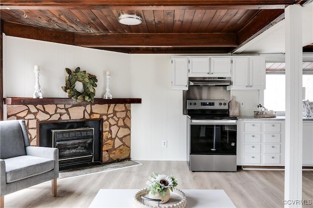 kitchen with light wood finished floors, beam ceiling, stainless steel range with electric stovetop, wood ceiling, and under cabinet range hood