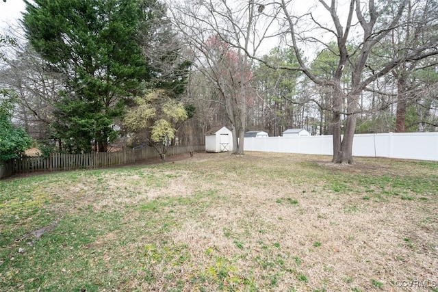 view of yard with a fenced backyard, a storage unit, and an outdoor structure