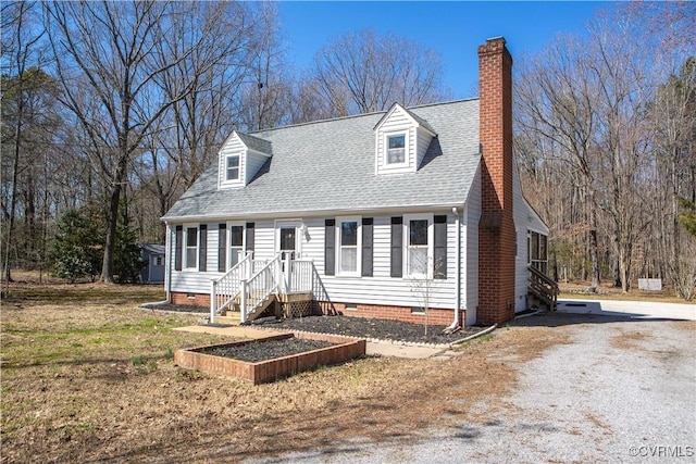 cape cod home featuring crawl space, gravel driveway, roof with shingles, and a chimney