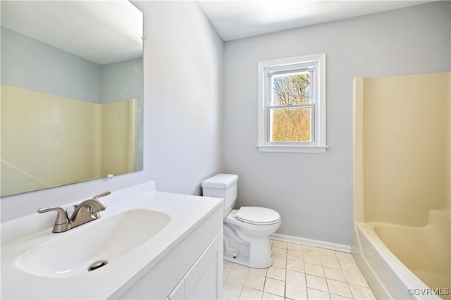 bathroom with toilet, a tub to relax in, tile patterned flooring, a shower, and vanity