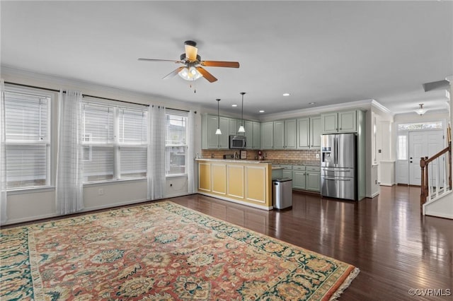 117 Giddy-Up Ln, Ashland, VA 23005 - kitchen with appliances with stainless steel finishes, crown molding, ceiling fan, plenty of natural light, and pendant lighting