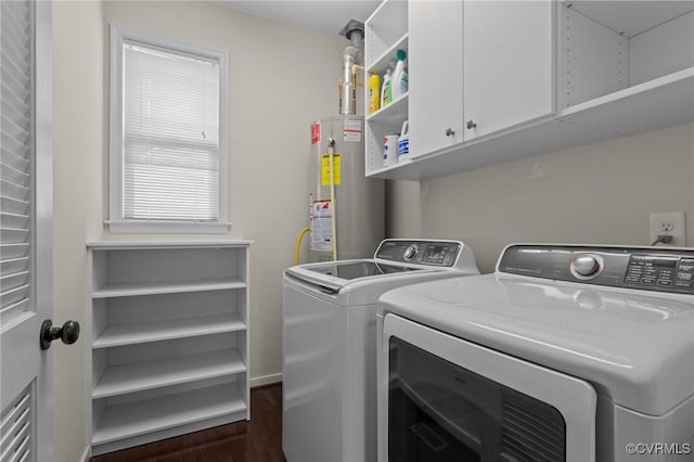 117 Giddy-Up Ln, Ashland, VA 23005 - washroom with water heater, cabinet space, washing machine and dryer, and dark wood-style flooring