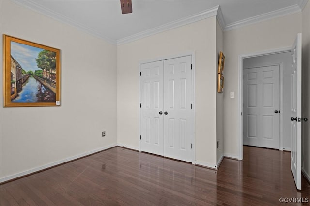117 Giddy-Up Ln, Ashland, VA 23005 - unfurnished bedroom featuring wood finished floors, ornamental molding, baseboards, a closet, and ceiling fan