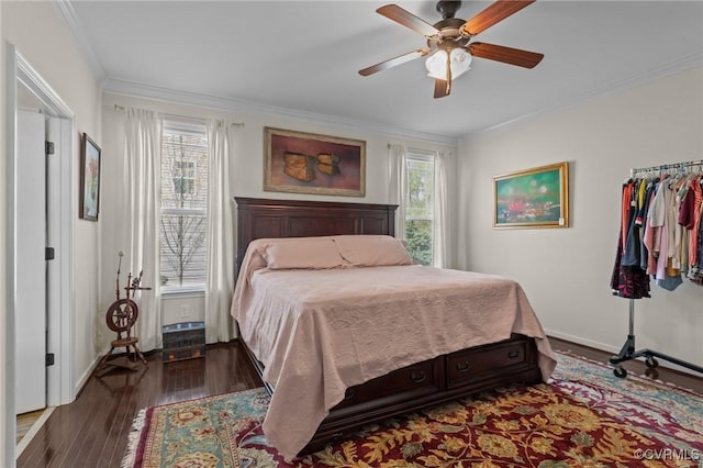 117 Giddy-Up Ln, Ashland, VA 23005 - bedroom with multiple windows, crown molding, dark wood-style flooring, a ceiling fan, and baseboards