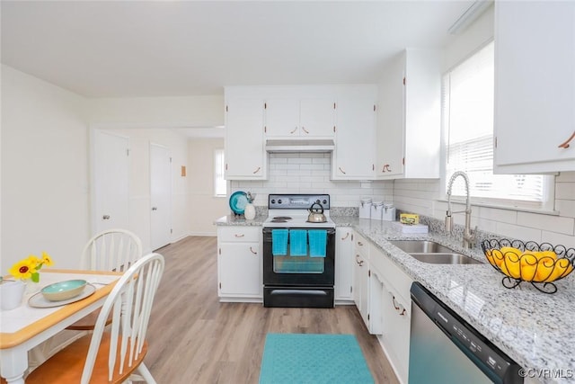 kitchen featuring under cabinet range hood, electric range oven, stainless steel dishwasher, white cabinetry, and a sink