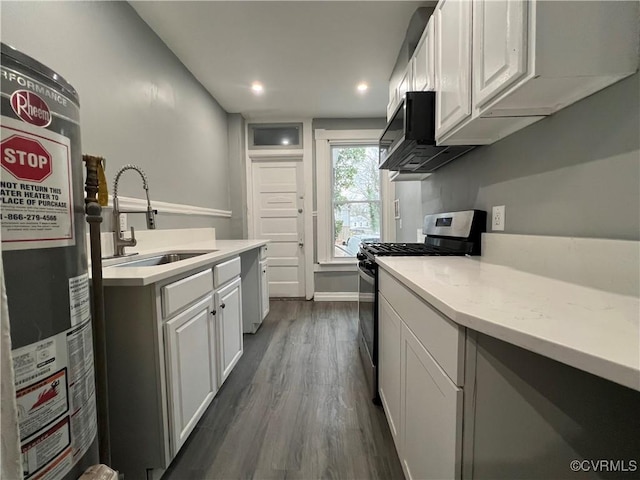 kitchen with dark wood finished floors, gas water heater, white cabinets, stainless steel appliances, and a sink