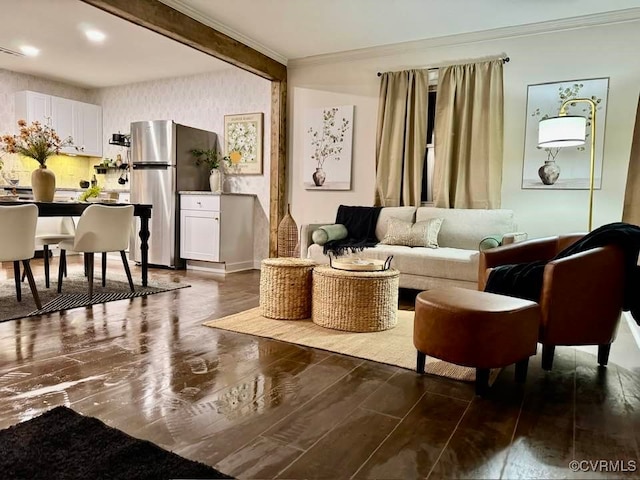 interior space featuring baseboards, beam ceiling, dark wood-style floors, and crown molding