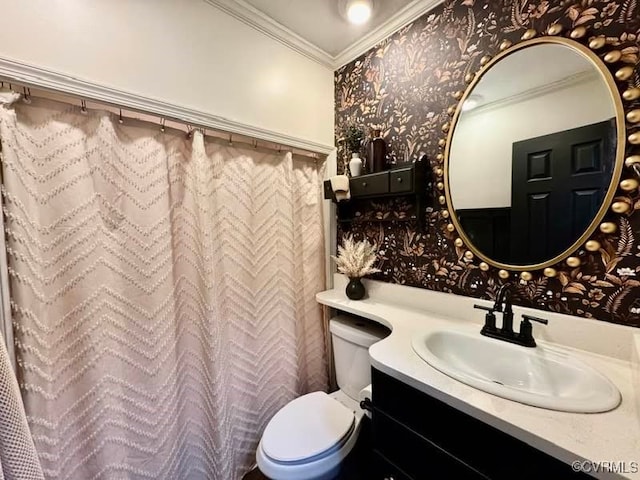 bathroom featuring toilet, wallpapered walls, vanity, and ornamental molding