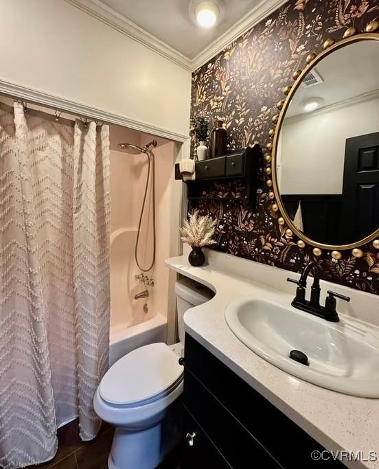 bathroom with vanity, wallpapered walls, shower / bath combo, ornamental molding, and toilet