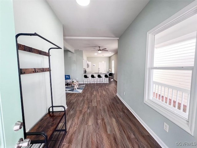 hall with dark wood-type flooring and baseboards