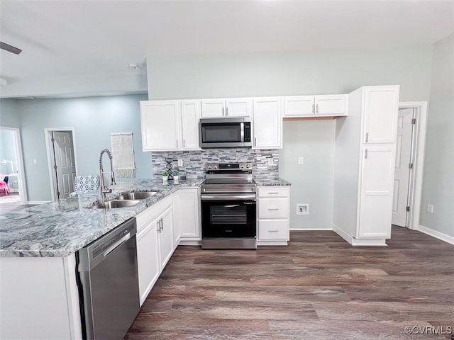 kitchen featuring white cabinetry, a peninsula, stainless steel appliances, and a sink