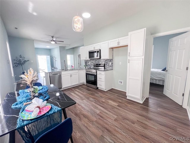 kitchen with a ceiling fan, dark wood finished floors, white cabinetry, stainless steel appliances, and a peninsula