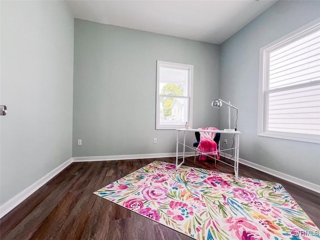 office area featuring baseboards, a healthy amount of sunlight, and wood finished floors