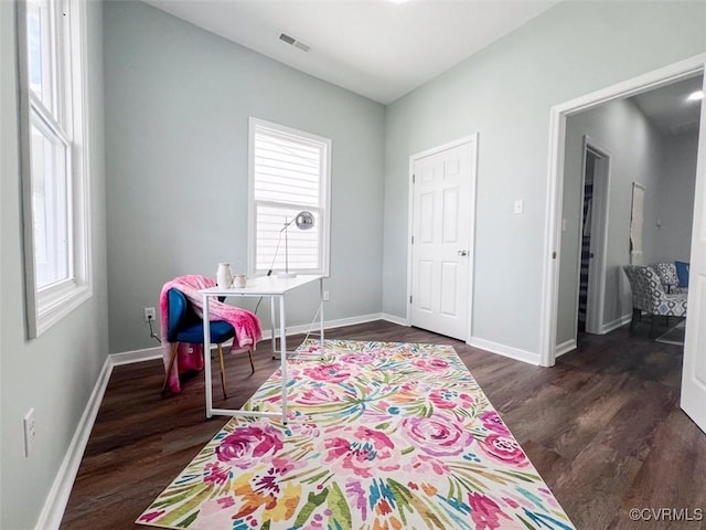 playroom with visible vents, baseboards, and dark wood-style flooring