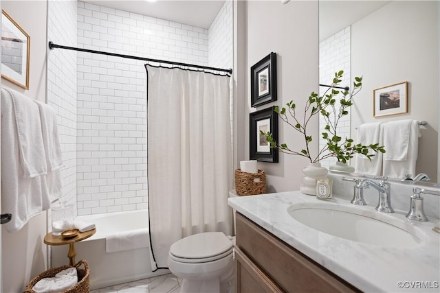 bathroom with vanity, shower / tub combo, toilet, and marble finish floor