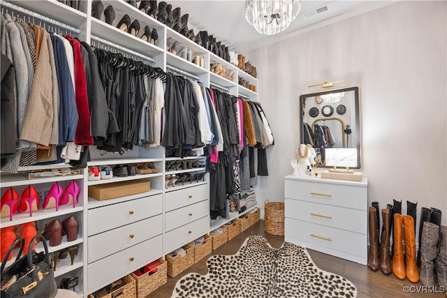 spacious closet with wood finished floors and visible vents