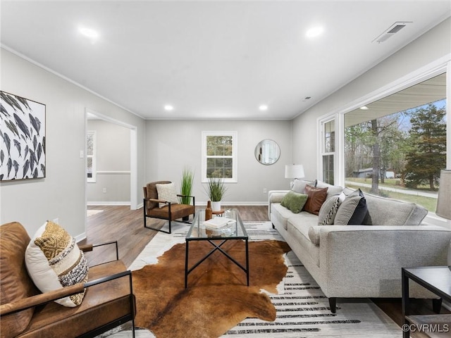 living area featuring a wealth of natural light, visible vents, and wood finished floors