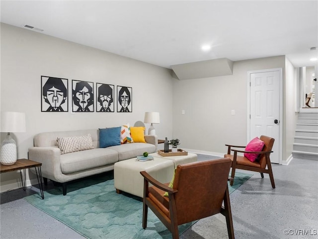 living area featuring visible vents, recessed lighting, speckled floor, baseboards, and stairs