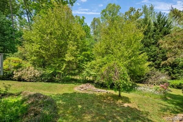 view of yard featuring a forest view