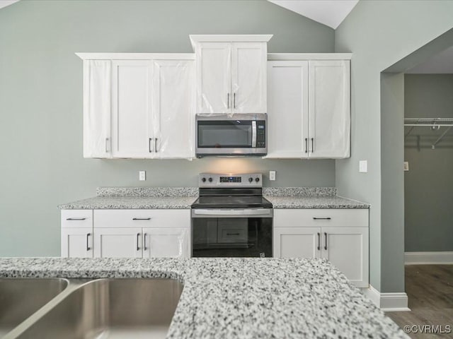 0 Silver Trail Cir, Lawrenceville, VA 23868 - kitchen with stainless steel appliances, white cabinets, wood finished floors, light stone countertops, and vaulted ceiling