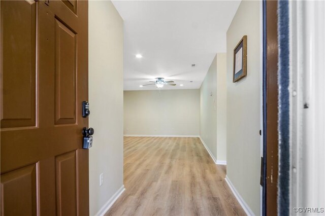 310 Patriot Ln Unit F, Williamsburg, VA 23185 - foyer entrance with light wood-style flooring, baseboards, ceiling fan, and recessed lighting
