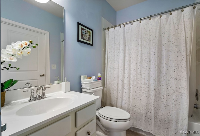 full bathroom with vanity, toilet, and shower / bathtub combination with curtain