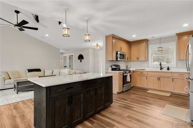 kitchen featuring open floor plan, light wood-style flooring, a ceiling fan, appliances with stainless steel finishes, and a sink