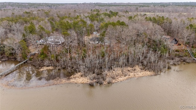 aerial view featuring a water view and a view of trees