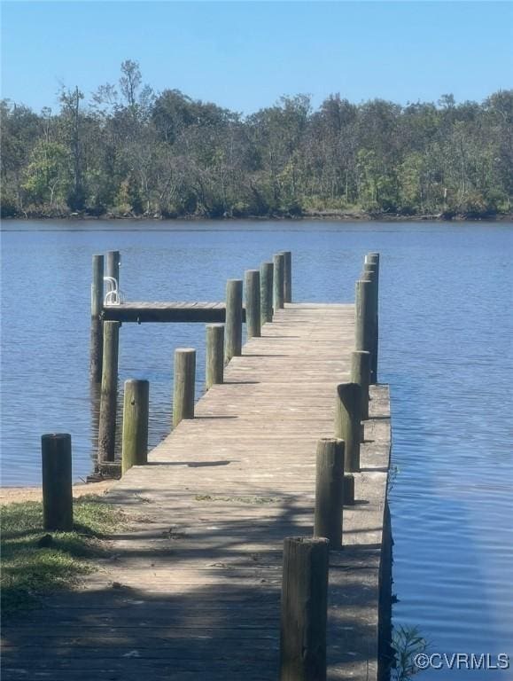 view of dock with a water view and a forest view