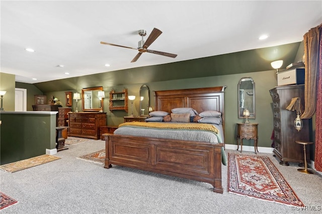 carpeted bedroom with ceiling fan and recessed lighting