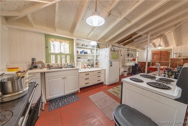 257 Horseshoe Bend Rd, Deltaville, VA 23043 - kitchen with a sink, white appliances, white cabinetry, light countertops, and open shelves