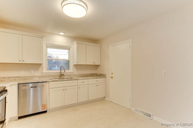104 Clemwood Pkwy, Hampton, VA 23669 - kitchen featuring visible vents, light stone countertops, stainless steel appliances, white cabinetry, and a sink