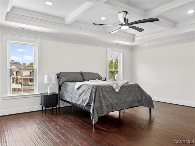bedroom with coffered ceiling, ornamental molding, beam ceiling, and hardwood / wood-style flooring