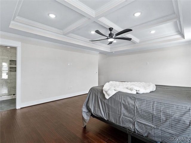 bedroom featuring ornamental molding, beam ceiling, coffered ceiling, and wood finished floors