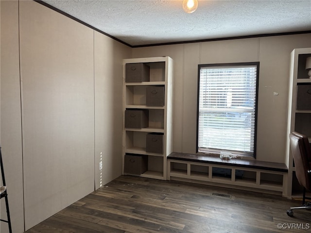 16690 Shands Rd, South Prince George, VA 23805 - interior space with visible vents, a textured ceiling, dark wood finished floors, and ornamental molding